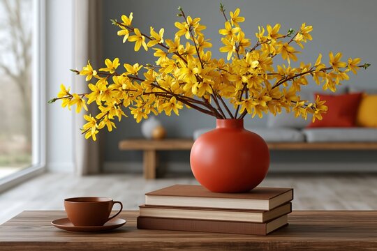 Red ceramic vase with forsythia branches and yellow blooms on stacked books beside a cup on wooden table for spring home decor background and room styling design
