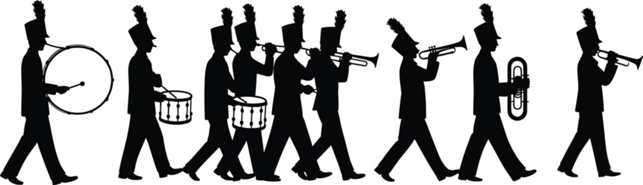 Marching Band Silhouettes with Musicians Playing Drums and Brass Instruments in Parade Formation Isolated Background