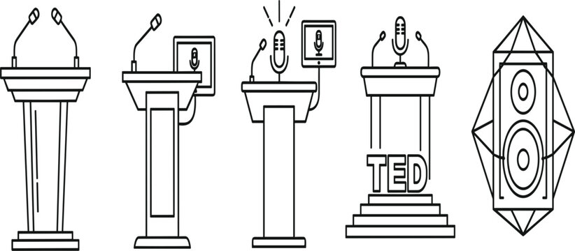 Public Speaking and Conference Podium Icon Set Featuring Microphones, Presentation Stands, TED Style Stage, and Audio Speaker Illustration Concepts