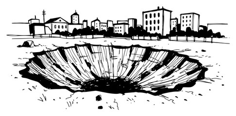 Large impact crater in the ground with a city in the background hand drawn vector illustration © Mago