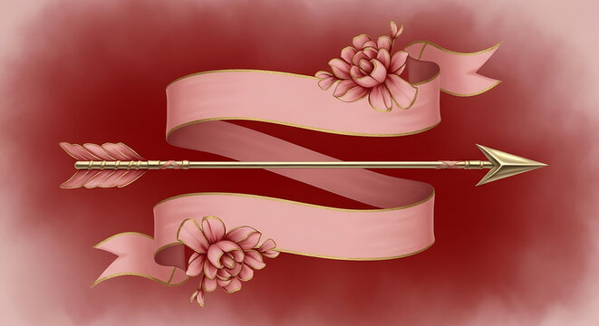 Golden arrow piercing a pink ribbon decorated with floral roses isolated on a transparent background