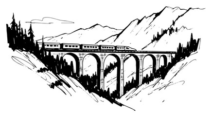 Train on Viaduct Bridge in Mountains - Hand Drawn Vector Sketch © Mago