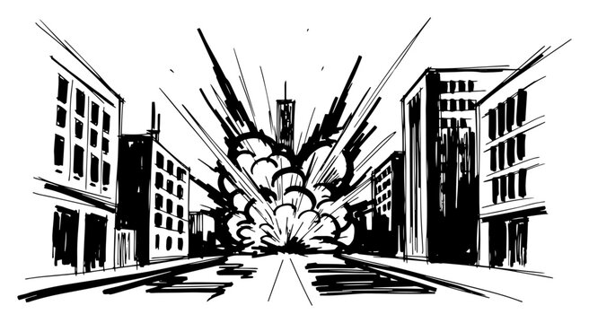 Explosion on a city street war or terror attack concept vector sketch