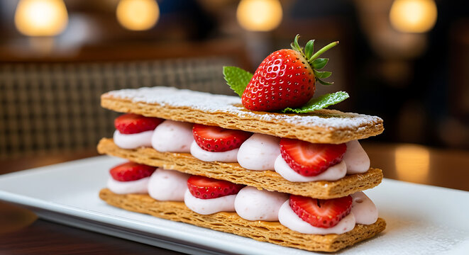 A delicious strawberry mille-feuille pastry dessert with layers of puff pastry and cream, topped with fresh strawberries and powdered sugar.