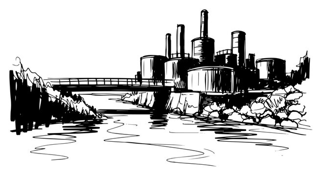 Industrial Factory Landscape with River and Bridge - Hand Drawn Vector Sketch