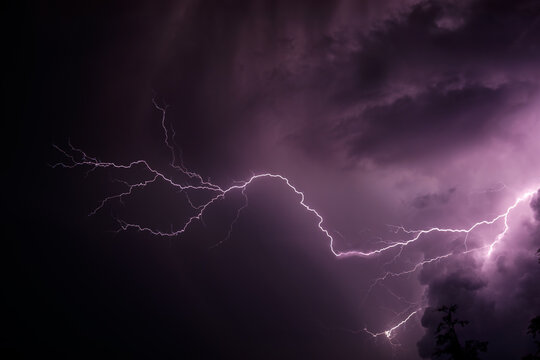 a horizontal lightning bolt stretches across a purple stormy sky branching left into thin tendrils with glowing clouds and tree tops
