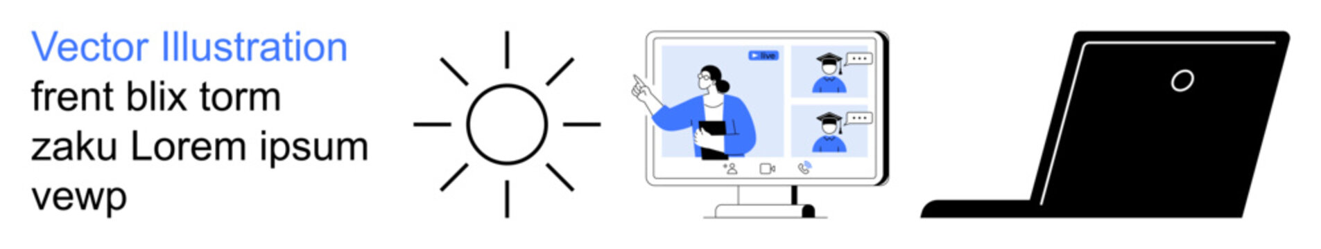 Remote work, online meetings, education, digital creativity, virtual collaboration, technology. Visuals include a sun icon, video call screen and a laptop silhouette. Remote work and online meetings