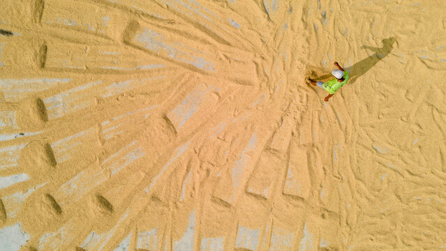 Aerial view of a farmer walking across a large spread of drying rice grain arranged in a fan-like pattern under the sun in Baturaden, Central Java, Indonesia.