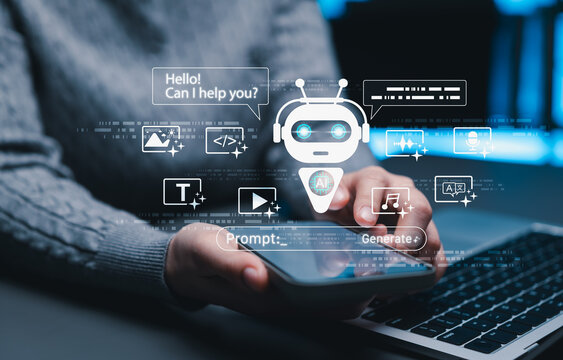 Generative artificial intelligence chatbot concept. Robot assistant and prompt AI with icons for image, code, text, video, audio, music, translation represent multimodal content generation capability