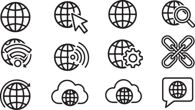 Set of twelve internet and technology icons with globe elements Vector