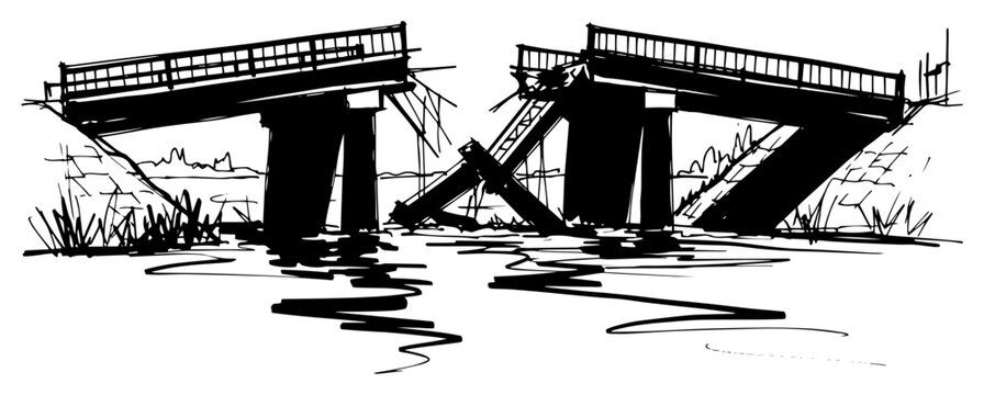 Ruins of a collapsed bridge over a river hand drawn post apocalyptic scenery sketch vector illustration