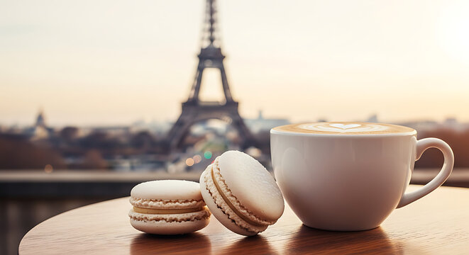 A cup of coffee and two macarons on a table with the Eiffel Tower in the background.
