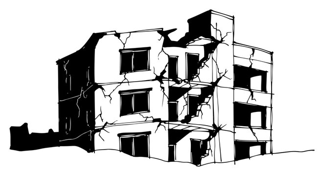 Destroyed building in ruins after an earthquake or war vector sketch illustration