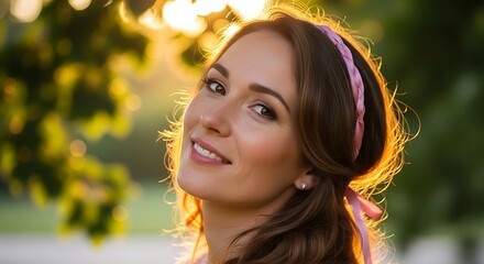 Fototapeta premium Beautiful young woman, smiling face, pink headband, outdoor portrait, warm sunlight