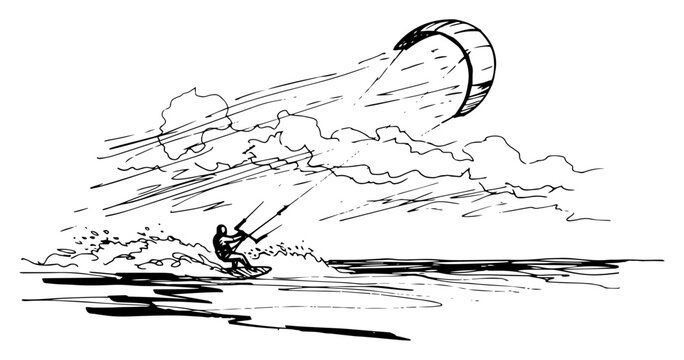 Kitesurfer Riding Waves in the Ocean - Extreme Water Sport Sketch