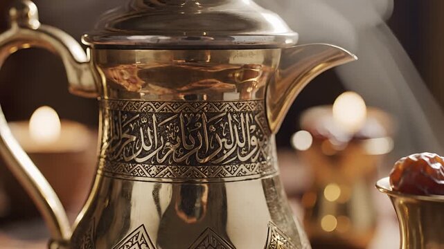 Closeup of an ornate Arabic coffee pot with steam rising symbolizing hospitality and tradition.