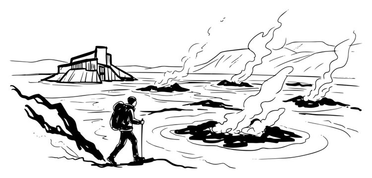 Hiker exploring a surreal volcanic landscape with ancient ruins sci-fi adventure sketch vector illustration