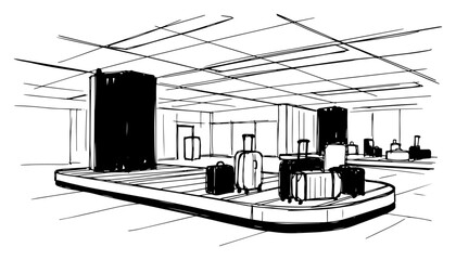 Suitcases on a baggage claim carousel in an airport arrival hall vector sketch © Mago