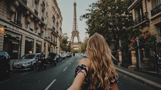 Cinematic follow-me shot of a young woman holding hands and walking down a Paris street, with the Eiffel Tower visible in the distance, travel and romance concept