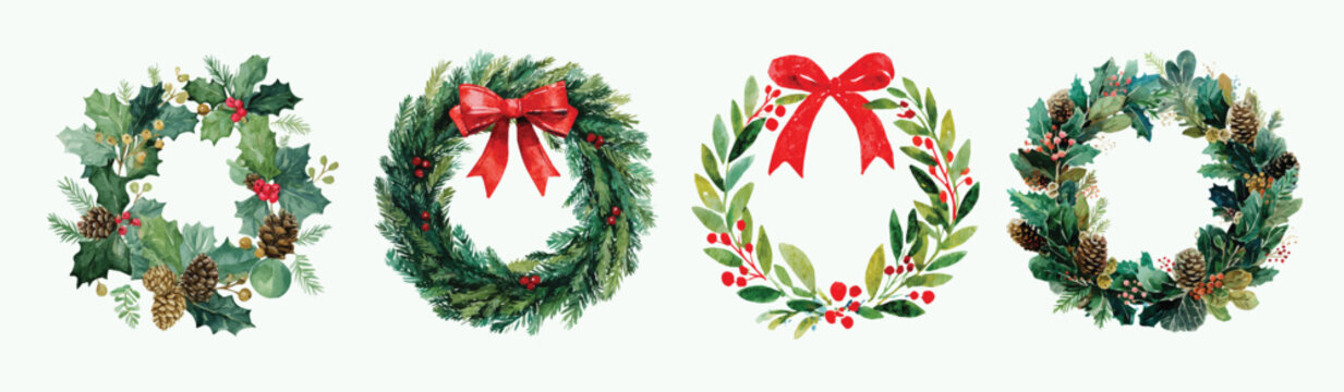 Simple watercolor style, beautiful design, Christmas wreath with red bow set painting design. Hand-painted style, vectorized, vector set available in EPS Simple Hand-painted 