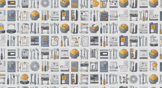 Seamless pattern of construction tools and industrial equipment isolated on a transparent background