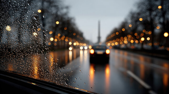 Wet car window showing city street at night with streetlights and car lights creating bokeh, reflecting on the wet road during a rainy evening drive