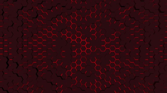 Dynamic animated background featuring a dark red hexagon grid with glowing accents. Perfect for technology, futuristic themes, or data visualization.