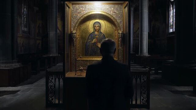 Devotee Admires Sacred Icon. Absent Pilgrim Contemplates Glowing Icon Amidst Tranquil Cathedral Surroundings