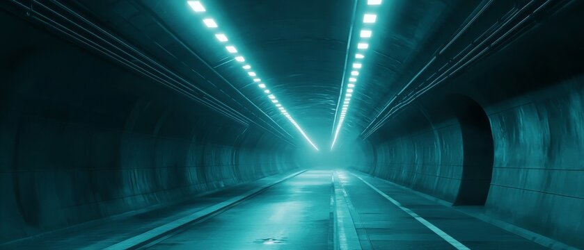 Light shines at the end of a long tunnel in an underground passageway in an urban area during evening hours