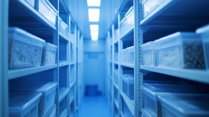 Obraz premium Shelves filled with clear containers in an organized storage room used for various supplies and materials