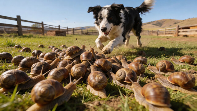 Border collie herding a large group of snails across a ranch pasture