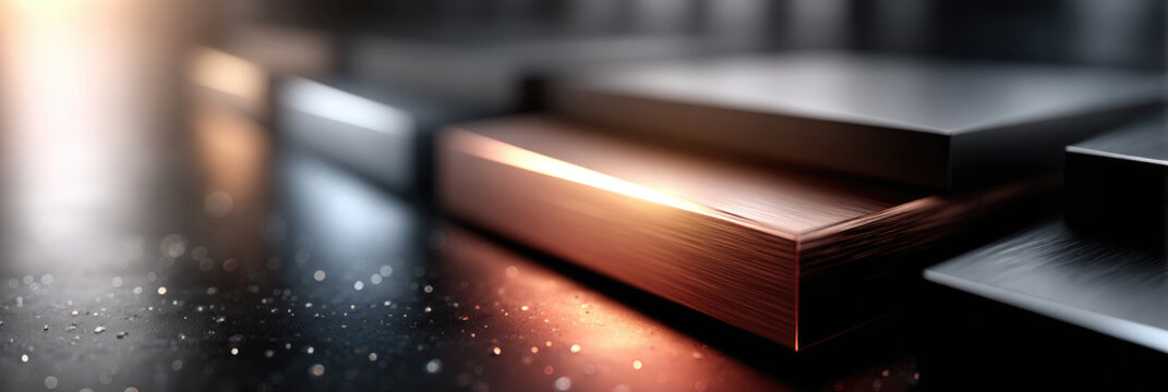 Copper metal sheets stack forming abstract shapes on a dark, sparkling surface, highlighting industrial materials, modern technology, and manufacturing processes