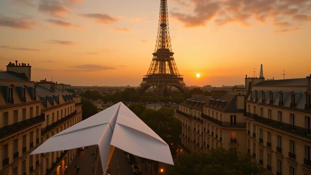 Cinematic footage of a white paper airplane gliding above Paris rooftops toward the Eiffel Tower at golden hour, with warm sunset sky and city street below