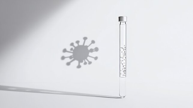 Glass test tube with bubbles casting a shadow shaped like a virus on a white surface during laboratory testing