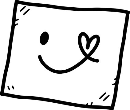 Hand-drawn square sticky note with simple smiley face and heart eye, doodle style