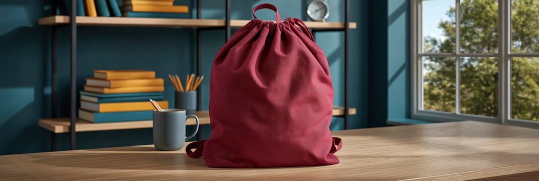 Red drawstring backpack centered on wooden counter by window