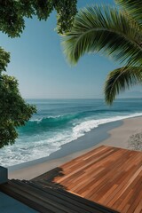 Fototapeta premium Wooden deck overlooking ocean shoreline framed by palm trees
