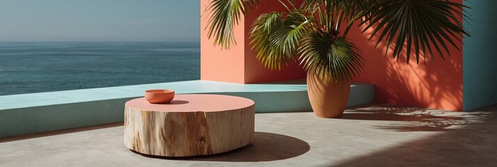 Fototapeta premium Wooden round table with bowl on terrace overlooking ocean at sunset