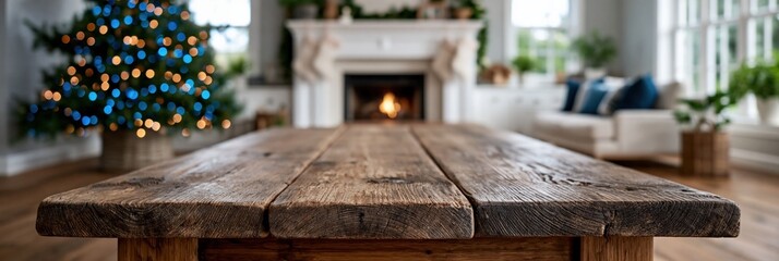 Fototapeta premium Aged wooden table surface positioned before cozy living room fireplace