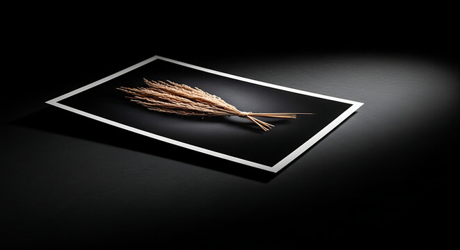 A dried wheat sheaf rests on a dark rectangular frame isolated on a transparent background