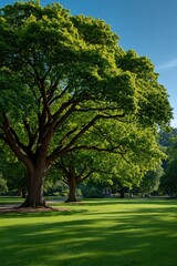 Fototapeta premium Shade trees lining sunlit park lawn with deep blue sky
