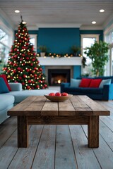 Fototapeta premium Wooden coffee table with bowl of apples in decorated living room