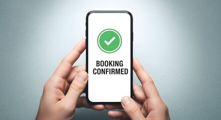 Hands holding smartphone with booking confirmed message