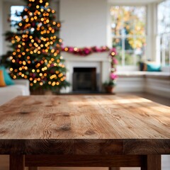 Fototapeta premium Wooden table top blurred christmas tree fireplace interior