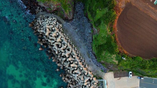 Top-down aerial view of tetrapod breakwater and turquoise sea at Seongsan Port, Jeju, South Korea