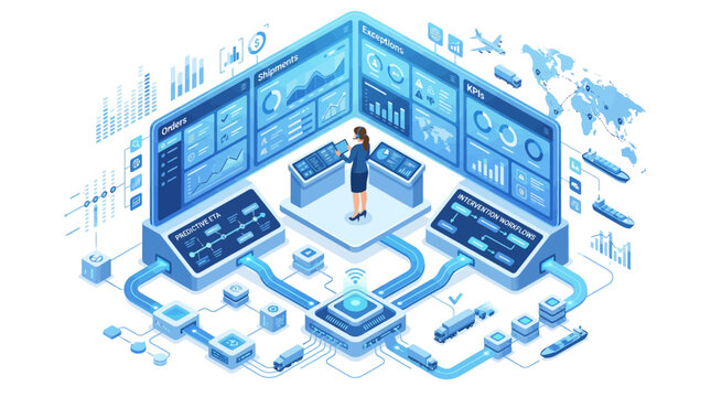 Isometric supply chain management dashboard with digital logistics tracking and professional operator monitoring global distribution network in blue tech style for corporate data visualization