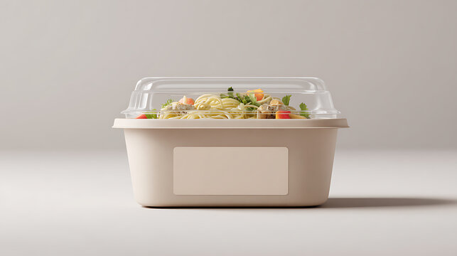 Healthy Pre-packaged Meal with Fresh Pasta and Vegetables in a Disposable Container with Transparent Lid on a Light Background