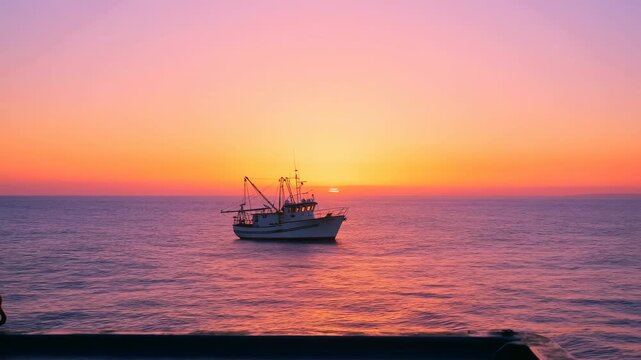 Dawn Breaks Over Tranquil Waters. Early Morning Scene Featuring Boats Resting On Peaceful Sea Surface
