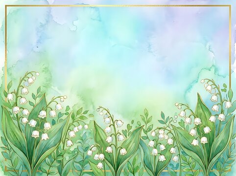 Watercolor lily of the valley floral frame with gold border on soft blue-green background, perfect for greeting cards and invitations.