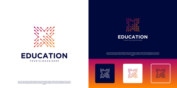 Digital education logo with electric neural network shape, science, training, vector graphic illustration.